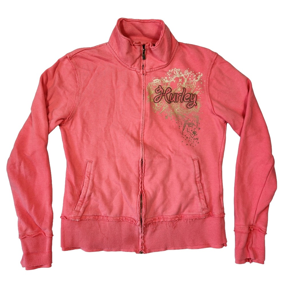 Y2k Hurley Full Zip Jacket Womens L Coral‎ Pink Embroidered Skater 2000s Bratz